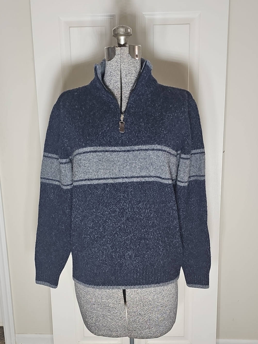 Daniele Blasi Italy Thick Wool Blend Sweater1/4 Zip Neck Gray Striped Fits S